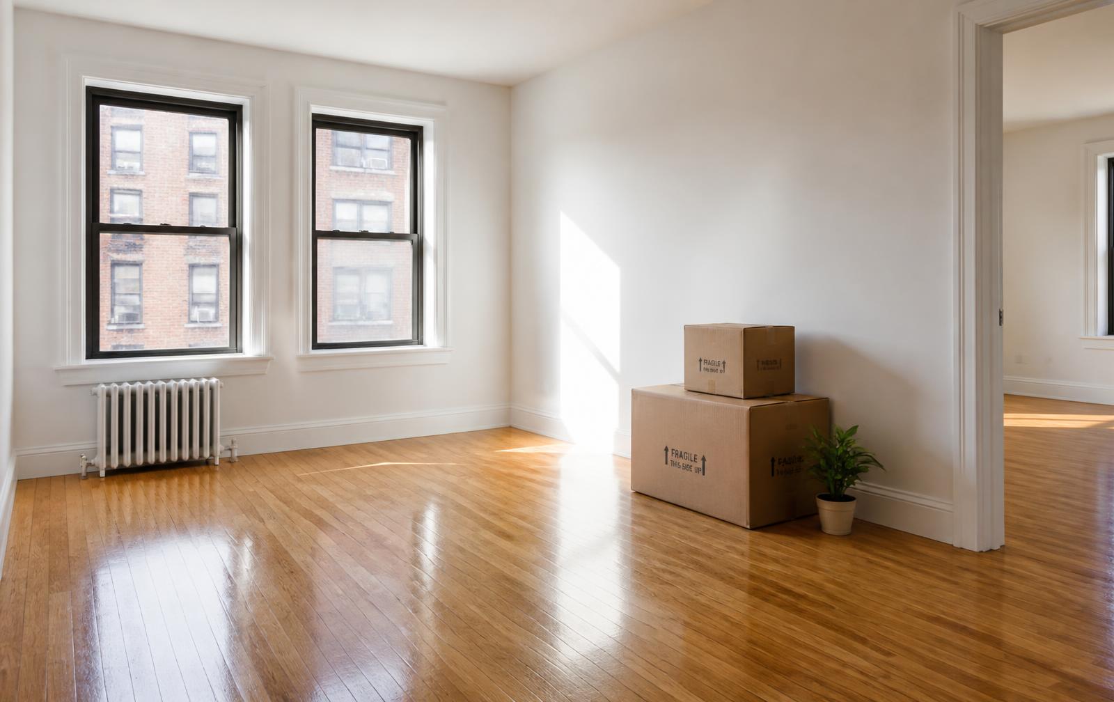Spotless empty NYC apartment with moving boxes, prepared for a move