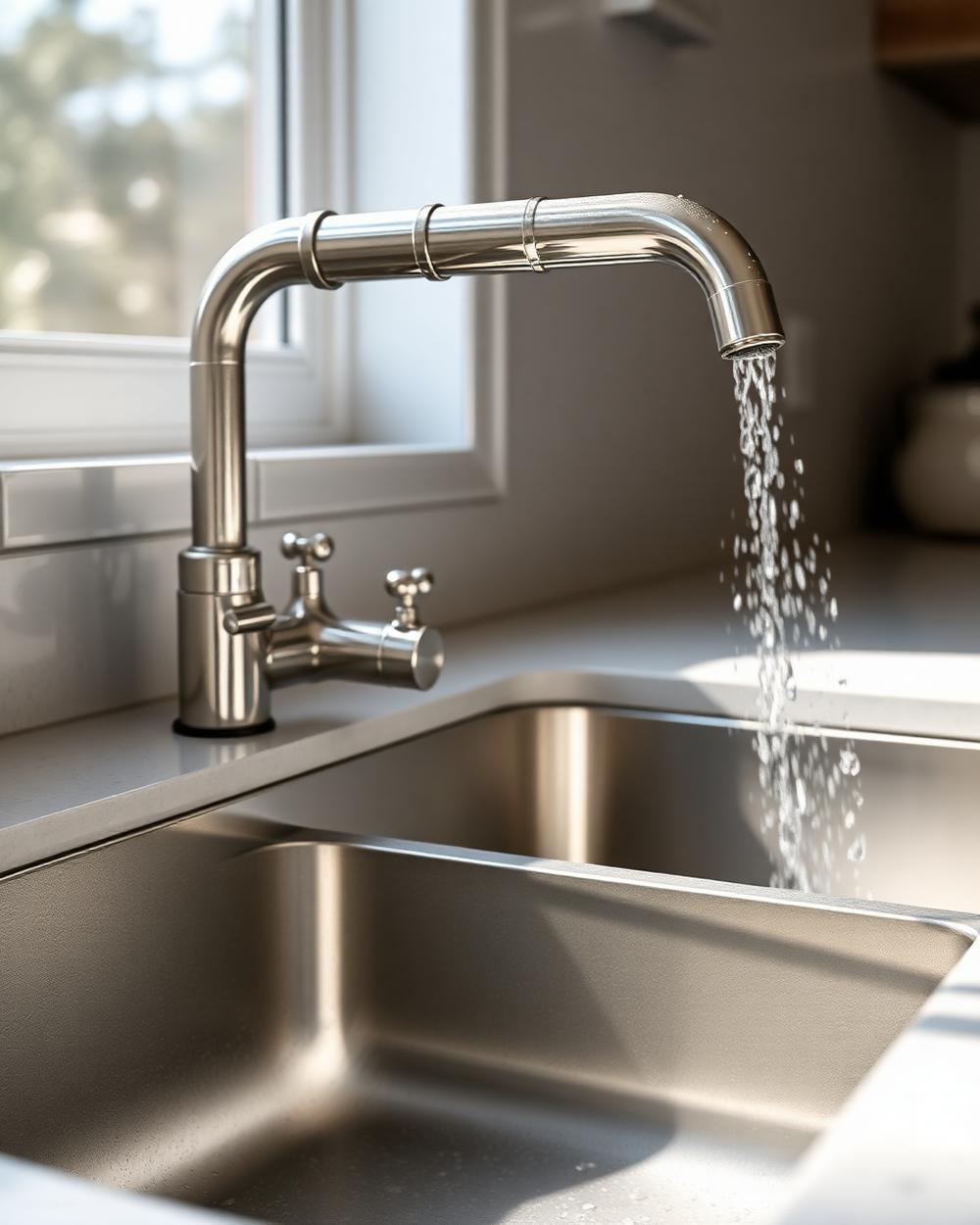 Polished stainless steel kitchen sink and faucet