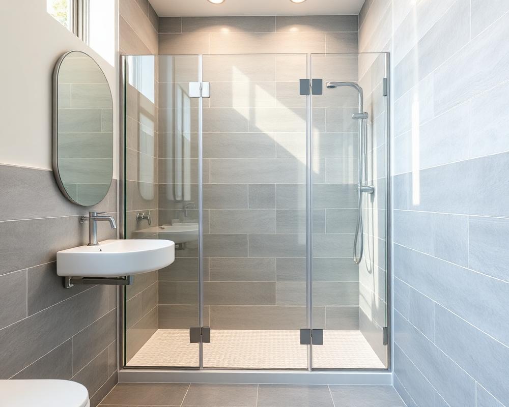 Clean glass shower enclosure in a grey tiled bathroom