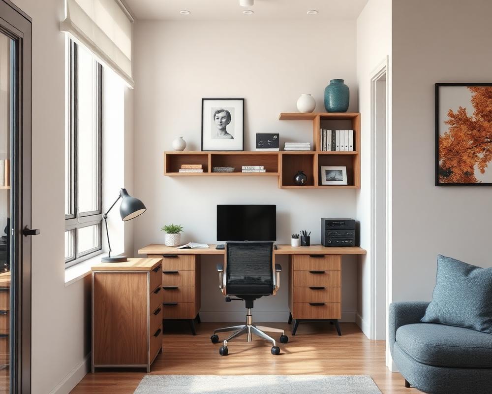 Clean home office nook with desk and shelving