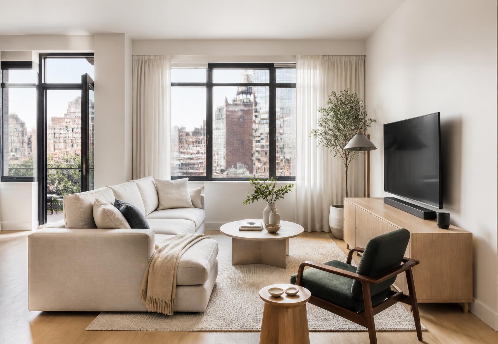 Bright, clean modern living room in a New York City apartment