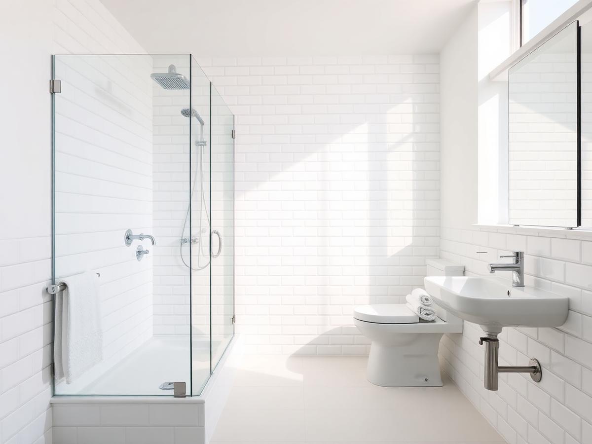 Spotless white tiled bathroom after cleaning