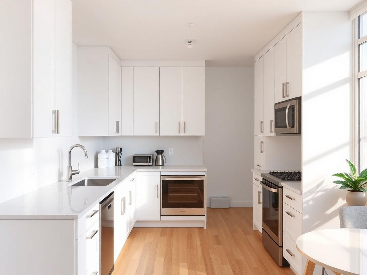 Clean modern white kitchen with quartz counters