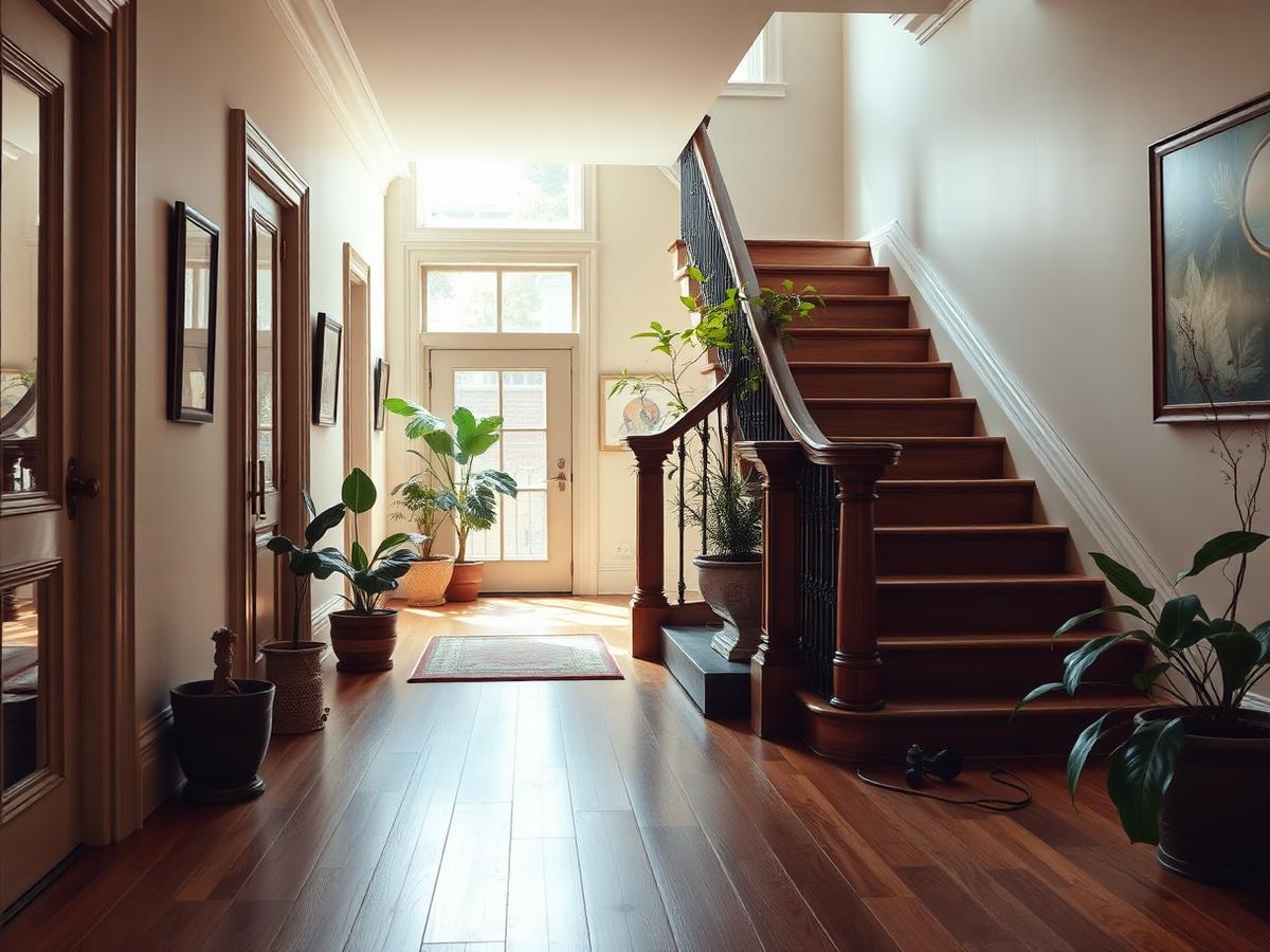 Clean brownstone hallway and staircase in a New York home